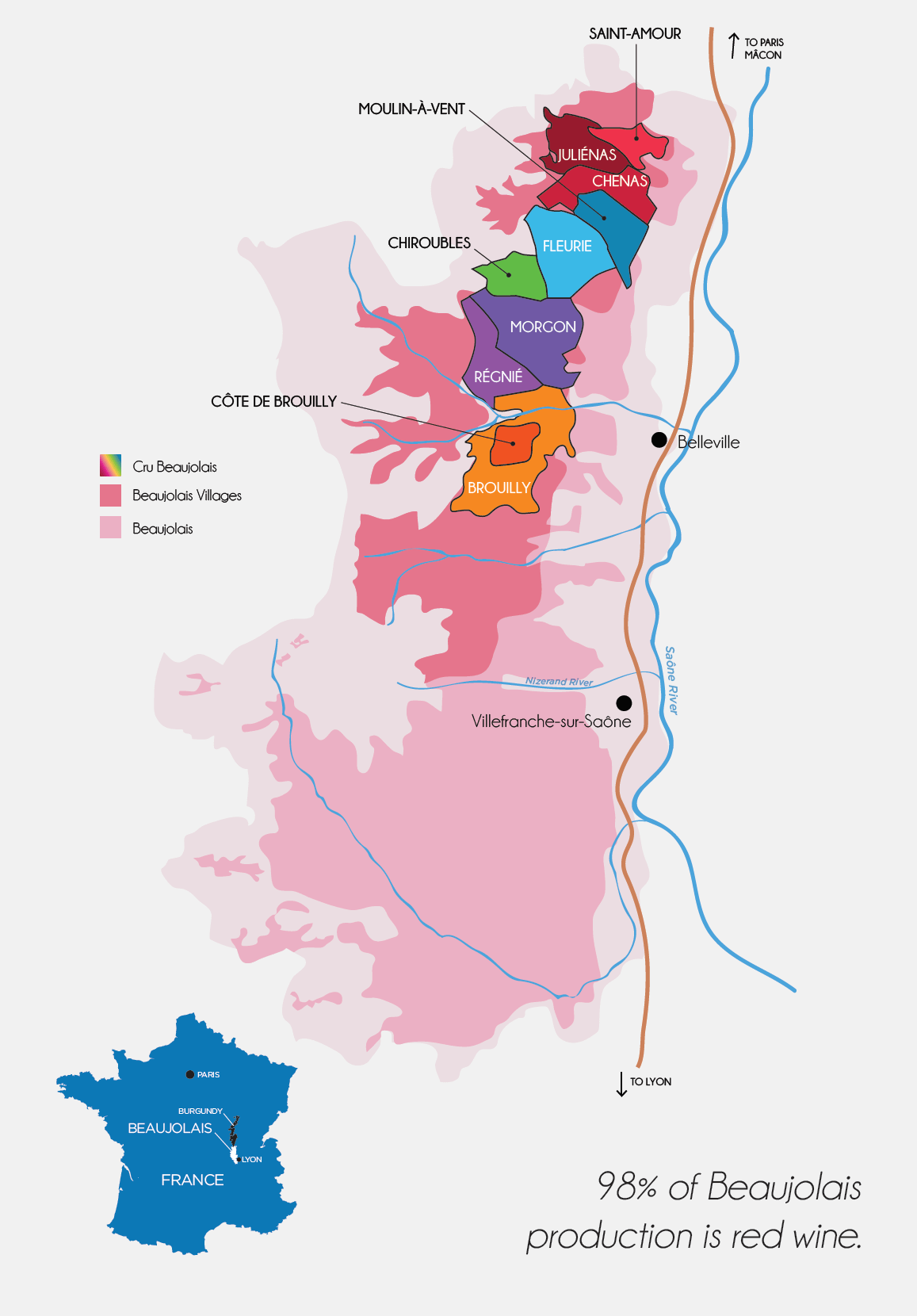 Beaujolais: mapa da região produtora de vinhos